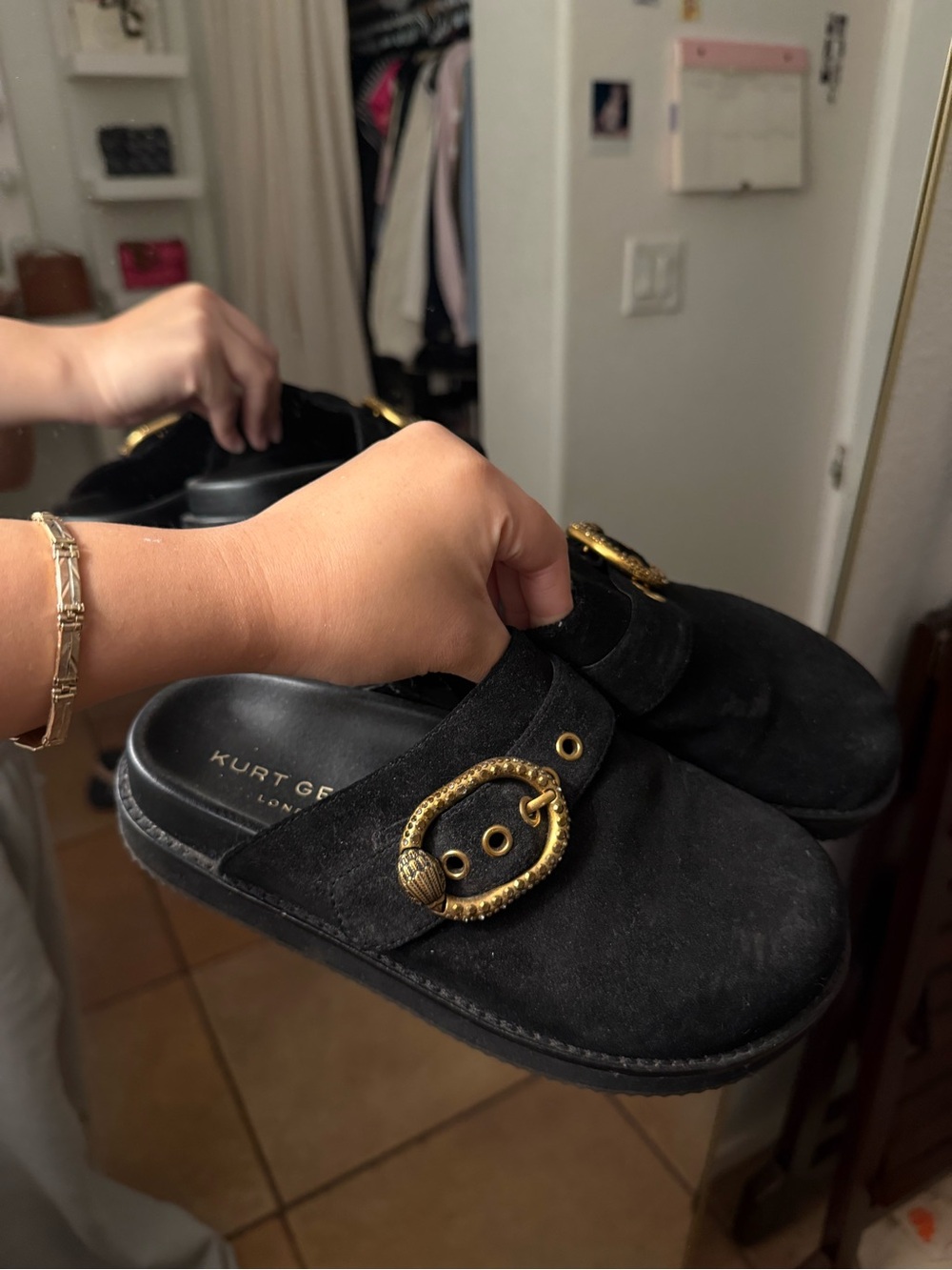 Kurt Geiger Black Suede Slide Mules with Gold Decorative Buckle